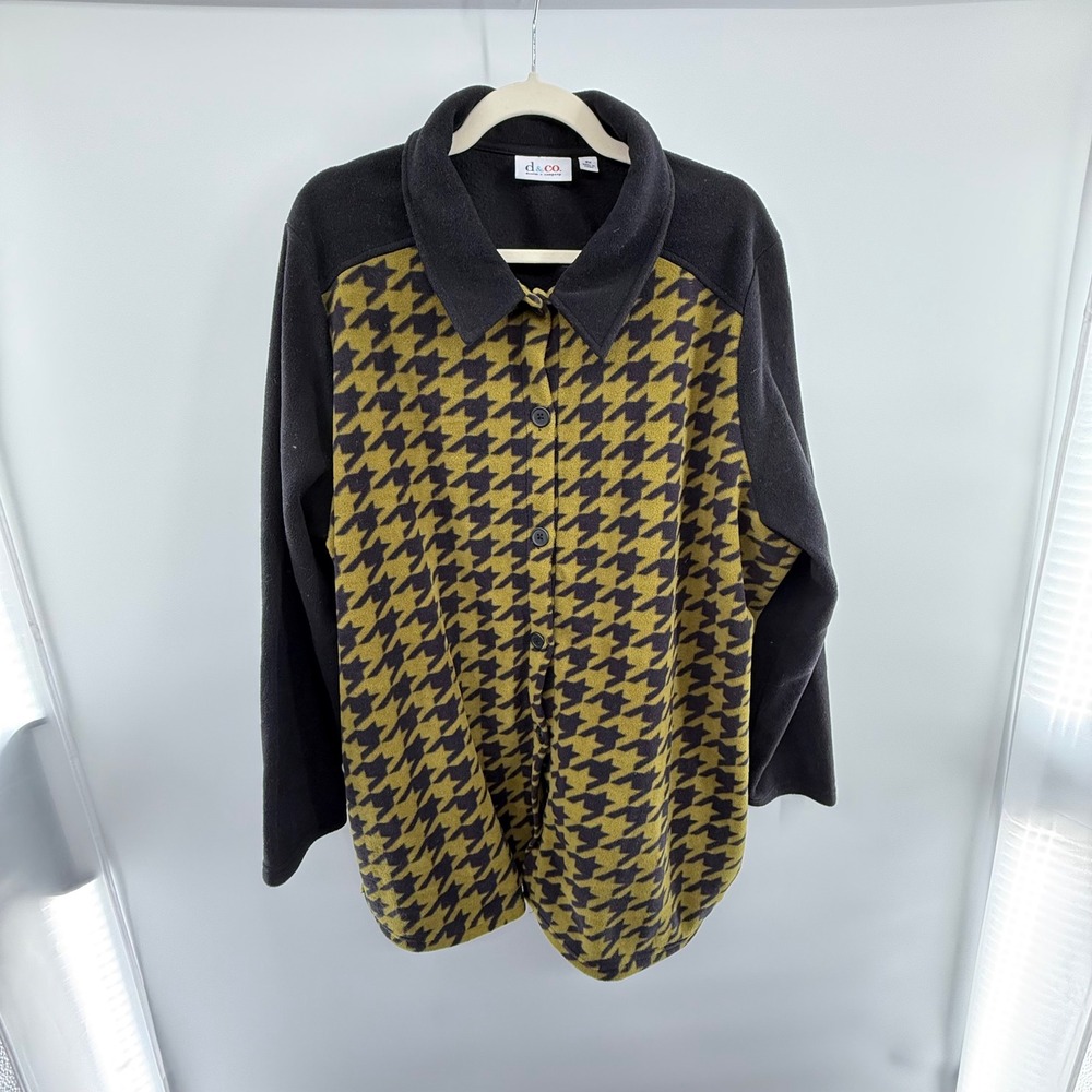 Denim & Co 2X Fleece Button Jacket Olive Black Houndstooth Shacket‎ Plus Size